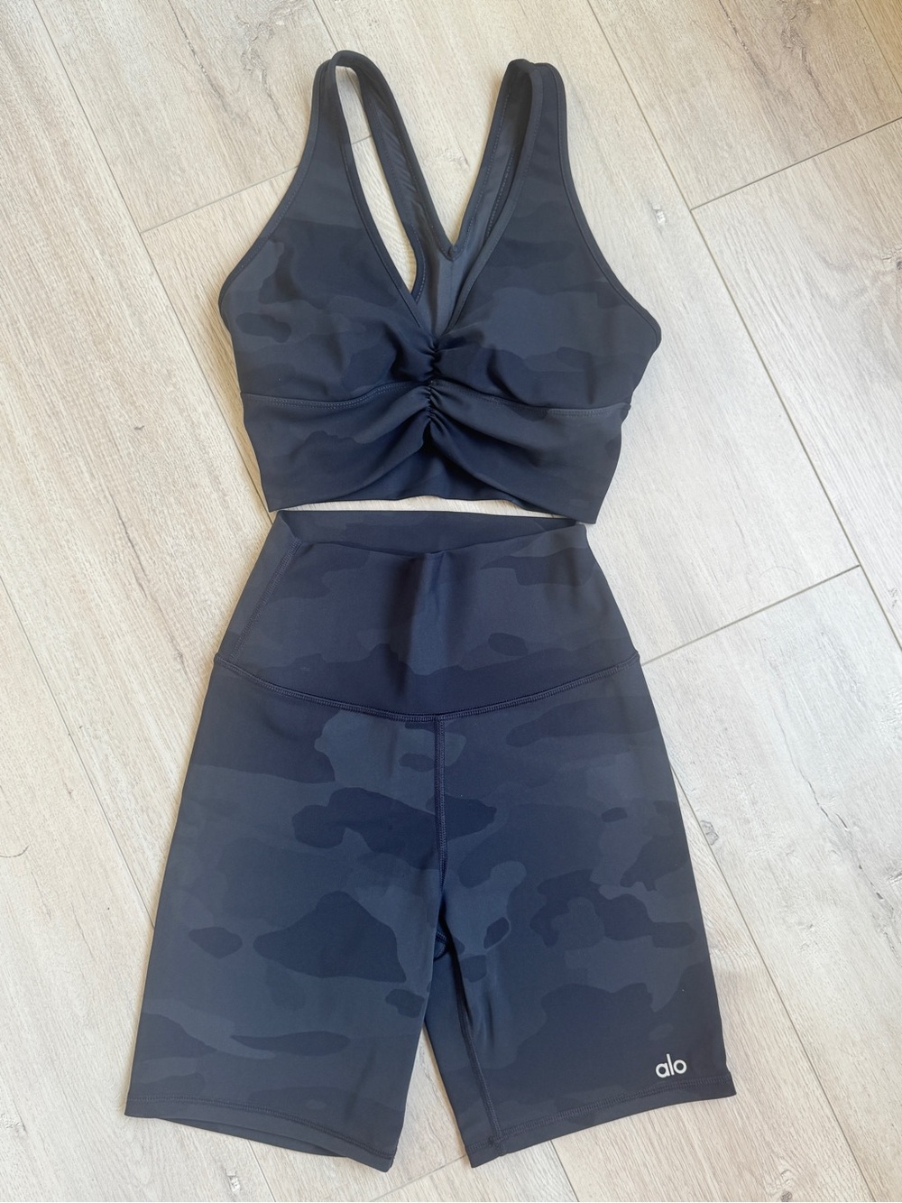 Alo Black Camo Ruched Sports Bra & High-Waist Biker Shorts Set